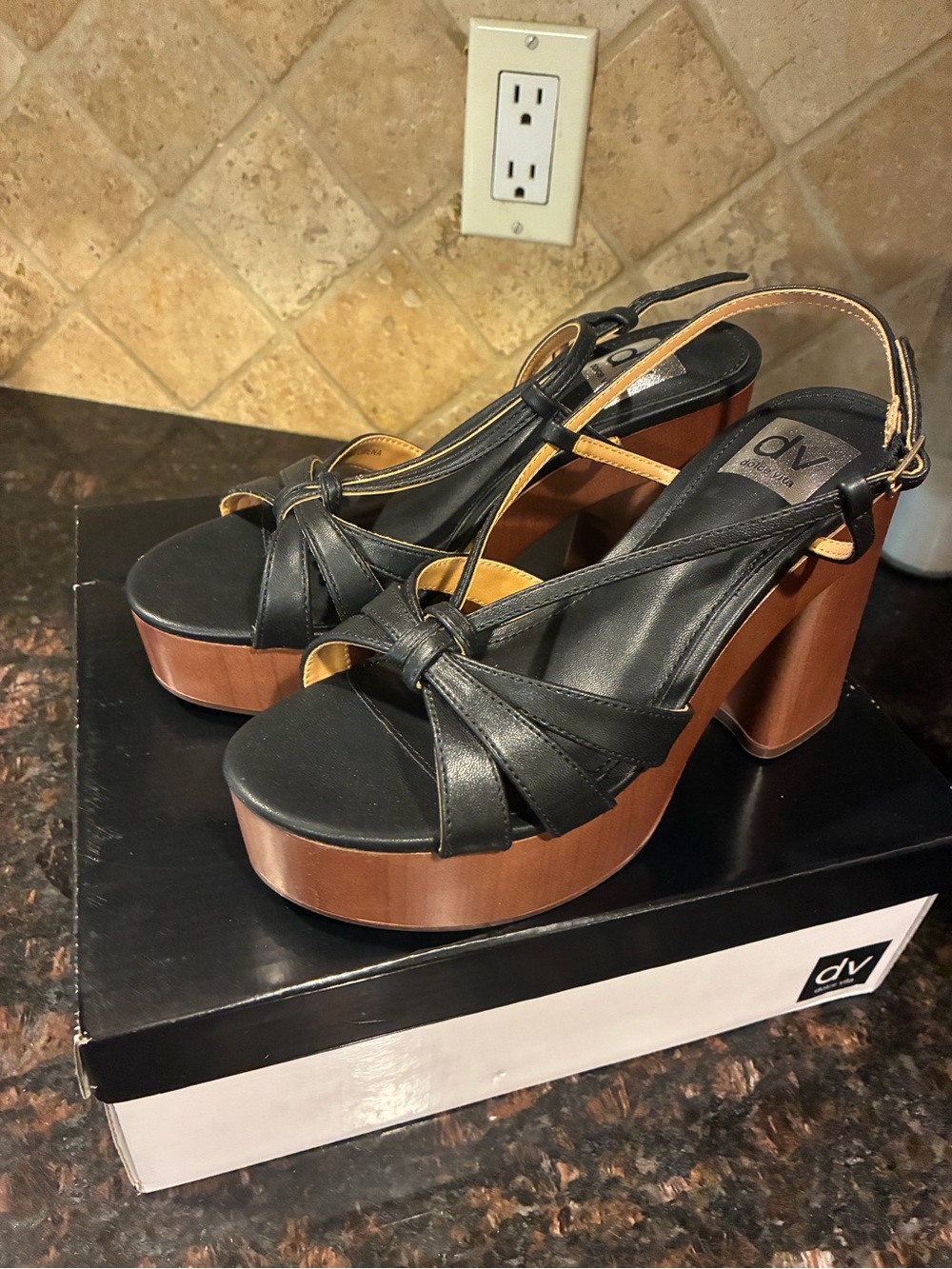 DV by Dolce Vita Black Leather Platform Sandals with Wood-Tone Heel